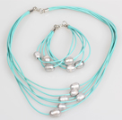 10-11mm Gray Freshwater Pearl and Blue Leather Necklace Bracelet Set