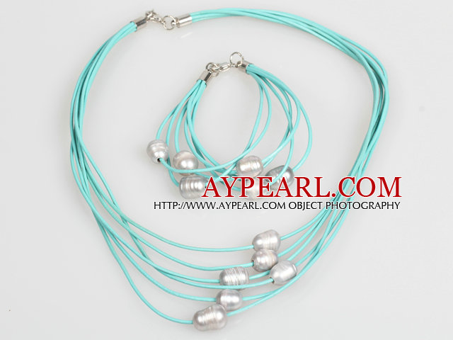 10-11mm Gray Freshwater Pearl and Blue Leather Necklace Bracelet Set