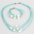 10-11mm White Freshwater Pearl and Blue Leather Necklace Bracelet Set