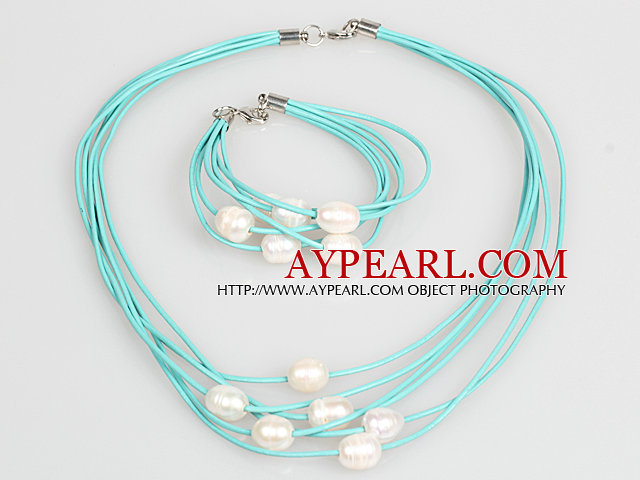 10-11mm White Freshwater Pearl and Blue Leather Necklace Bracelet Set