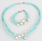 10-11mm Pink Purple Freshwater Pearl and Blue Leather Necklace Bracelet Set