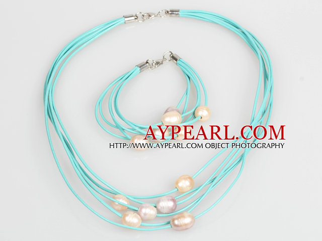 10-11mm rose pourpre perles d'eau douce et de cuir bleu Bracelet Collier Set