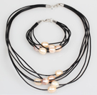 10-11mm Pink Freshwater Pearl and Pink Leather Necklace Bracelet Set