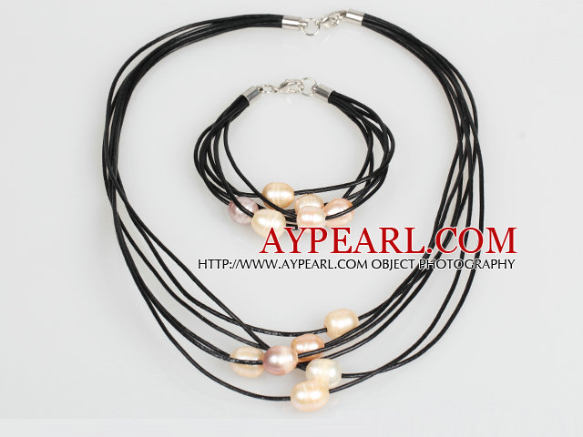 10-11mm Pink Freshwater Pearl and Pink Leather Necklace Bracelet Set