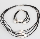 10-11mm White Freshwater Pearl and Black Leather Necklace Bracelet Set