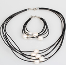 10-11mm blanc perle d'eau douce et de cuir noir Bracelet Collier Set