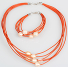 10-11mm Pink Freshwater Pearl and Orange Leather Necklace Bracelet Set