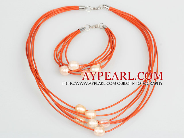 10-11mm Pink Freshwater Pearl and Orange Leather Necklace Bracelet Set