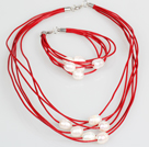 10-11mm White Freshwater Pearl and Red Leather Necklace Bracelet Set