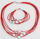 10-11mm Gray Freshwater Pearl and Red Leather Necklace Bracelet Set