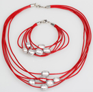 10-11mm Gray Zoetwater Parel en Red Leather Ketting Armband Set