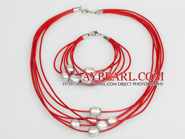 10-11mm Gray Freshwater Pearl and Red Leather Necklace Bracelet Set