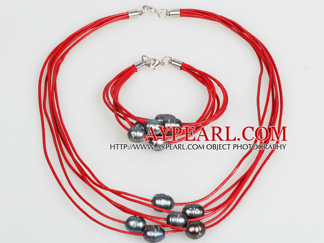10-11mm Black Freshwater Pearl and Red Leather Necklace Bracelet Set