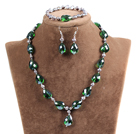 Sparkly Tear Drop Shape Gröna Crystal Natural Gray sötvattenspärla smycken Set med Rhinstone magnetlås (halsband, armband och örhängen)