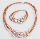 10-11mm Gray Freshwater Pearl and Brown Leather Necklace Bracelet Set