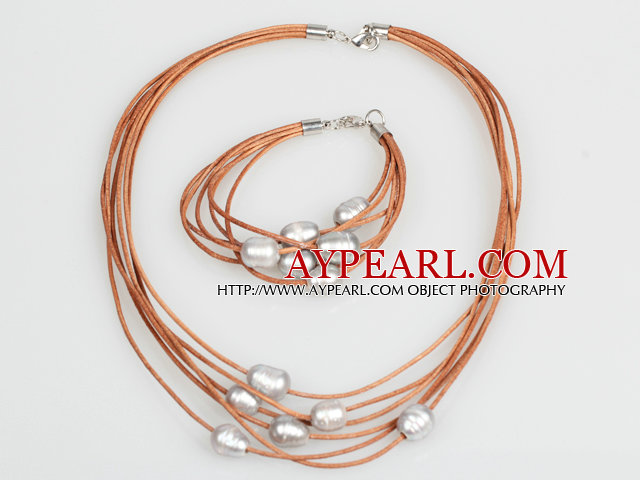 10-11mm gris perle d'eau douce et de cuir brun Bracelet Collier Set