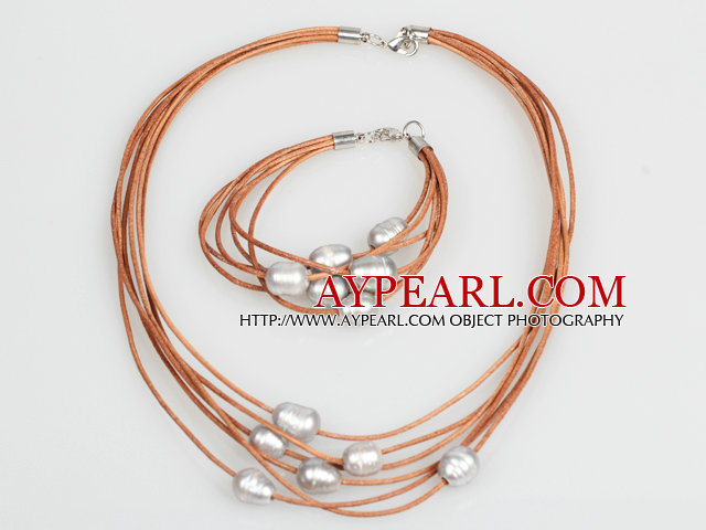 10-11mm Gray Freshwater Pearl and Brown Leather Necklace Bracelet Set