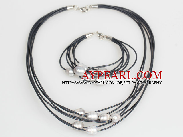 10-11mm Gray Freshwater Pearl and Black Leather Necklace Bracelet Set