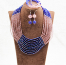Wholesale Charming 10 Layers Pink & Blue Crystal Beads Costume African Wedding Jewelry Set (Necklace With Mathced Bracelet And Earrings)