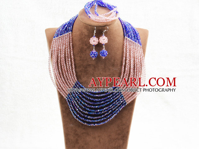 Charme 10 Couches Rose et bleu perles de cristal Costume africaine bijoux de mariage (Collier Avec Mathced bracelet et boucles d'oreilles)