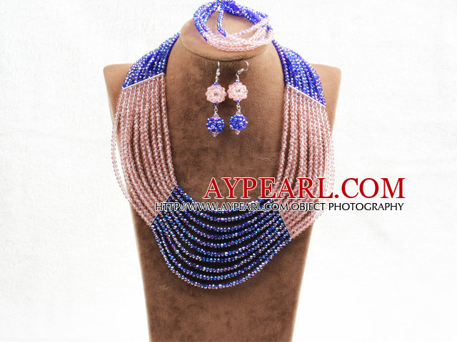Charming 10 Layers Pink & Blue Crystal Beads Costume African Wedding Jewelry Set (Necklace With Mathced Bracelet And Earrings)