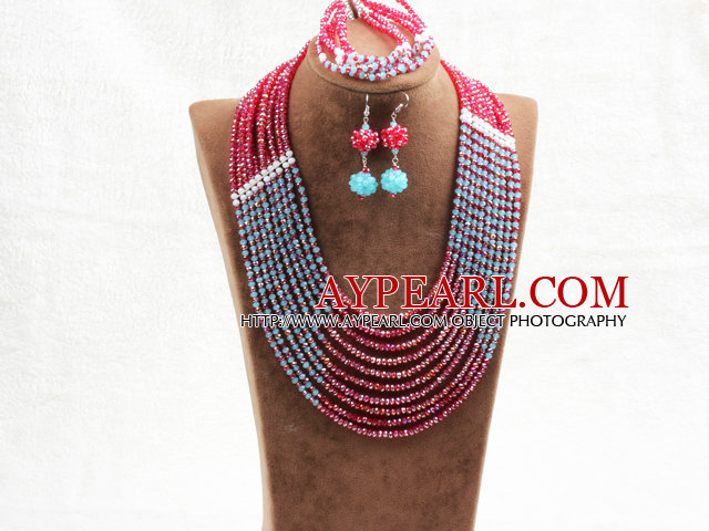 Déclaration étonnante 10 couches Rouge Bleu Jade-africaine comme le cristal bijoux de mariage (collier avec Mathced bracelet et boucles d'oreilles)