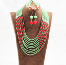 Amazing Statement 10 Layers Red Green Jade-Like Crystal African Wedding Jewelry Set (Necklace With Mathced Bracelet And Earrings)