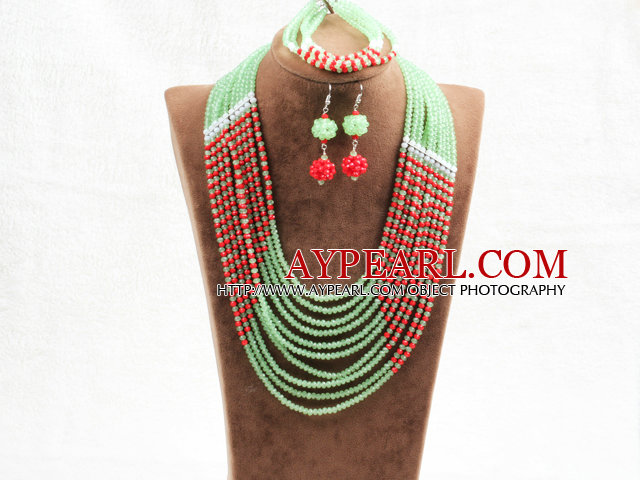 Amazing Statement 10 Layers Red Green Jade-Like Crystal African Wedding Jewelry Set (Necklace With Mathced Bracelet And Earrings)