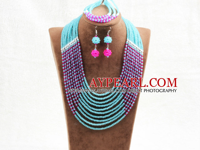 Amazing Statement 10 Layers Rose Red Blue Jade-Like Crystal African Wedding Jewelry Set (Necklace With Mathced Bracelet And Earrings)
