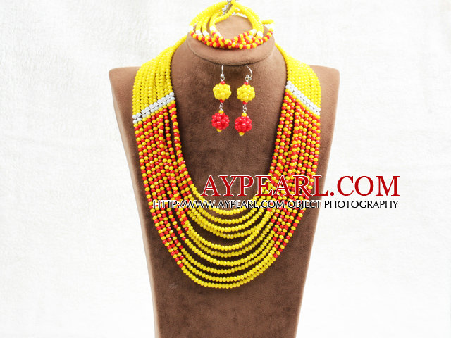 Amazing Statement 10 Layers Red Yellow Jade-Like Crystal afrikansk bryllup smykker Set (kjede med Mathced armbånd og øredobber)