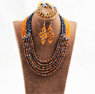 Splendid 6 Layers Black Yellow Crystal Beads African Wedding Jewelry Set (Necklace With Mathced Bracelet And Earrings)