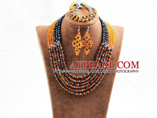 Splendid 6 Layers Black Yellow Crystal Beads African Wedding Jewelry Set (Necklace With Mathced Bracelet And Earrings)