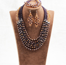 Splendid 6 Layers Purple Yellow Crystal Beads African Wedding Jewelry Set (Necklace With Mathced Bracelet And Earrings)