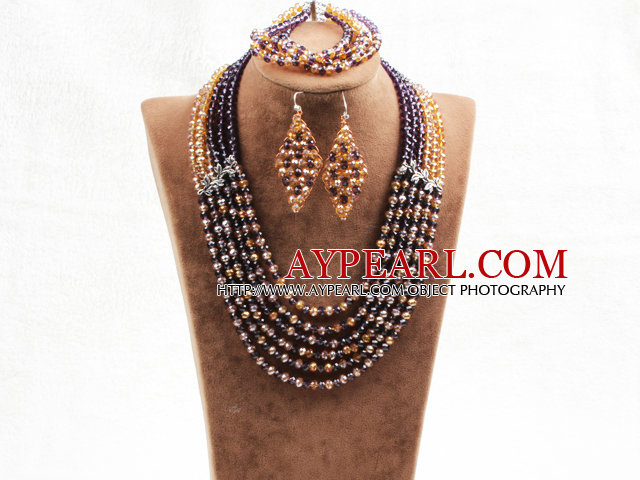 Splendid 6 Layers Lilla Gul krystall perler African Wedding Jewelry Set (kjede med Mathced armbånd og øredobber)