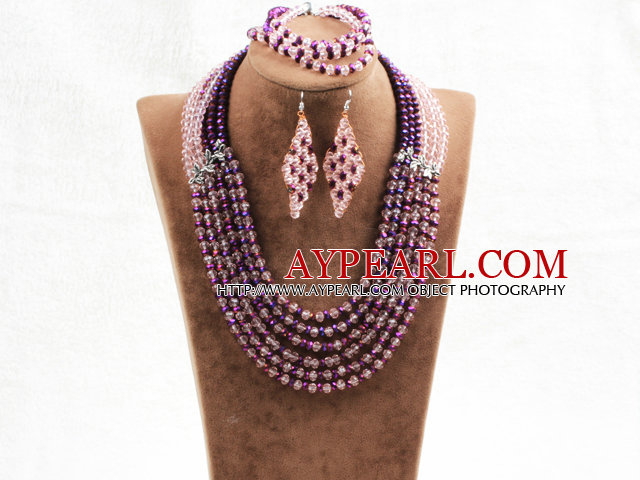 Splendid 6 couches Perles de Cristal rose violet africaine bijoux de mariage (Collier Avec Mathced bracelet et boucles d'oreilles)