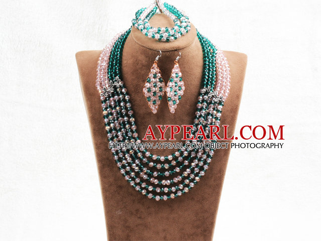 Splendid 6 Layers Rosa Grønn krystall perler African Wedding Jewelry Set (kjede med Mathced armbånd og øredobber)