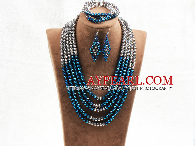 Marvelous 5 Layers Blue Gray Crystal Beads African Wedding Jewelry Set (Necklace With Mathced Bracelet And Earrings)