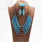 Marvelous 5 Layers Blue Flesh Pink Crystal Beads African Wedding Jewelry Set (Necklace With Mathced Bracelet And Earrings)