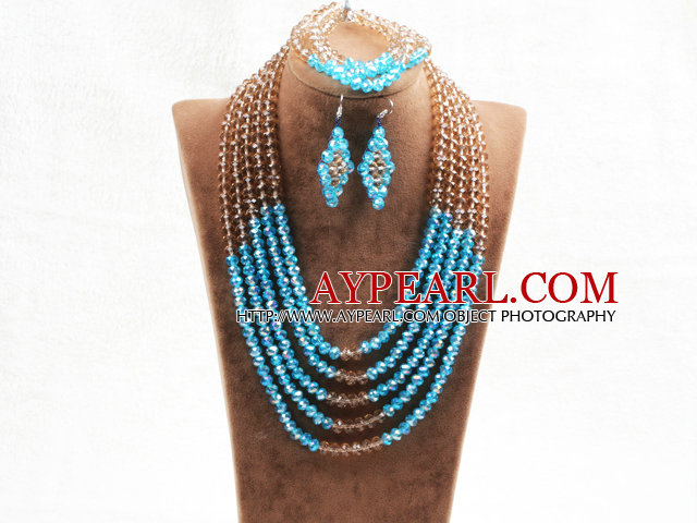 Marvelous 5 Layers Blue Flesh Pink Crystal Beads African Wedding Jewelry Set (Necklace With Mathced Bracelet And Earrings)