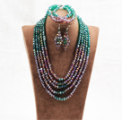 Marvelous 5 Schichten Purpurrote grüne Kristall-Korn-afrikanische Hochzeits-Schmuck-Set (Halskette mit Mathced Armband und Ohrringe)