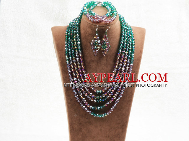 Marvelous 5 Layers Purple Green Crystal Beads African Wedding Jewelry Set (Necklace With Mathced Bracelet And Earrings)