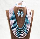 Fabulous 6 Layers Pink & Blue Crystal Beads Costume African Wedding Jewelry Set (Necklace With Mathced Bracelet And Earrings)