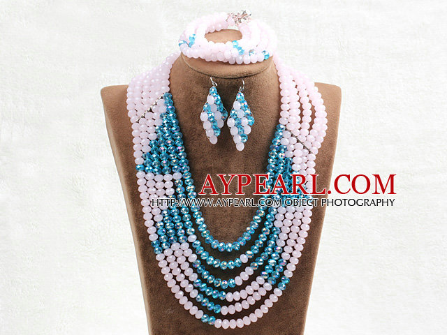 Fabulous 6 Layers Pink & Blue Crystal Beads Costume African Wedding Jewelry Set (Necklace With Mathced Bracelet And Earrings)