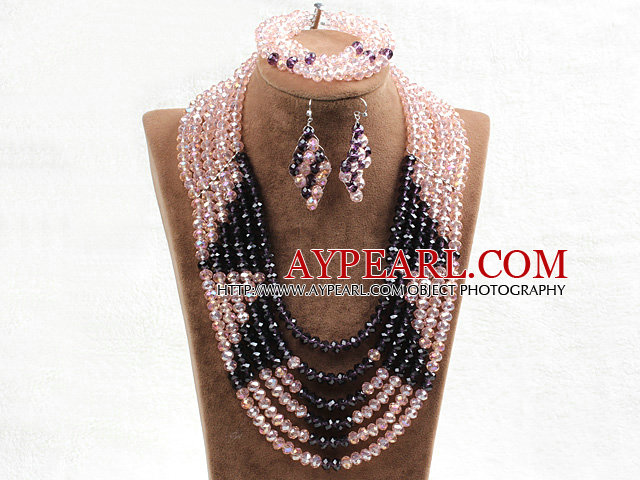 Fabulous 6 Layers Pink & Purple Crystal Beads Costume African Wedding Jewelry Set (Necklace With Mathced Bracelet And Earrings)