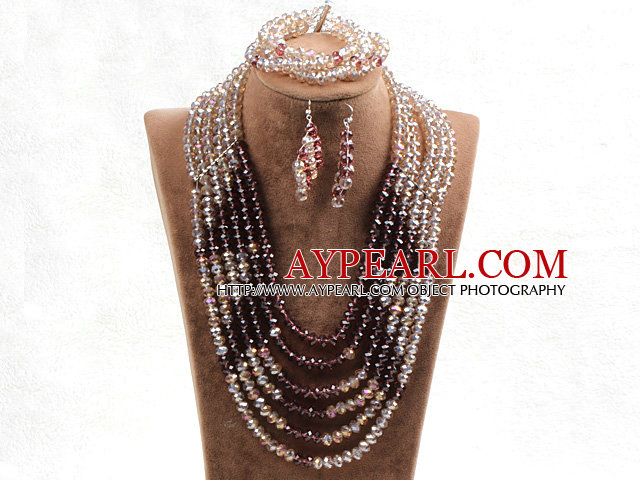 Fabulous 6 Layers Light Brown & Purple Crystal Beads Costume African Wedding Jewelry Set (Necklace With Mathced Bracelet And Earrings)