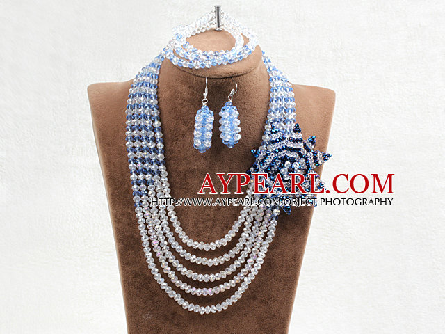 Fengslende 5 Layers White & Blå Crystal perler Flower Charm Costume African Wedding Jewelry Set (Flower kan fjernes som brosje)