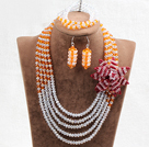 Fängslande 5 lager Vit & gula Crystal Pärlor blomma charm kostym afrikanska bröllop smycken set (blomma kan tas bort som brosch)