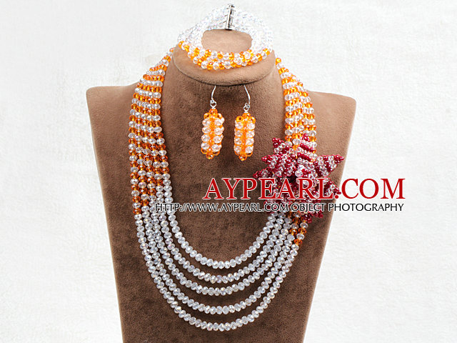 Fesselnde 5 Schichten Weiß & Gelb Kristall-Perlen-Blumen-Charme-Kostüm-afrikanische Hochzeits-Schmuck-Set (Blume kann als Brosche zu entfernen)