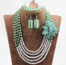 Fesselnde 5 Schichten White & Green Kristall-Perlen-Blumen-Charme-Kostüm-afrikanische Hochzeits-Schmuck-Set (Blume kann als Brosche zu entfernen)