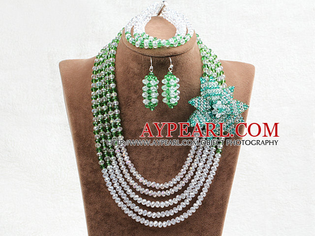 Fesselnde 5 Schichten White & Green Kristall-Perlen-Blumen-Charme-Kostüm-afrikanische Hochzeits-Schmuck-Set (Blume kann als Brosche zu entfernen)